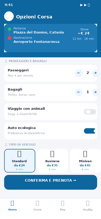 Schermata: Scegli il tipo di taxi