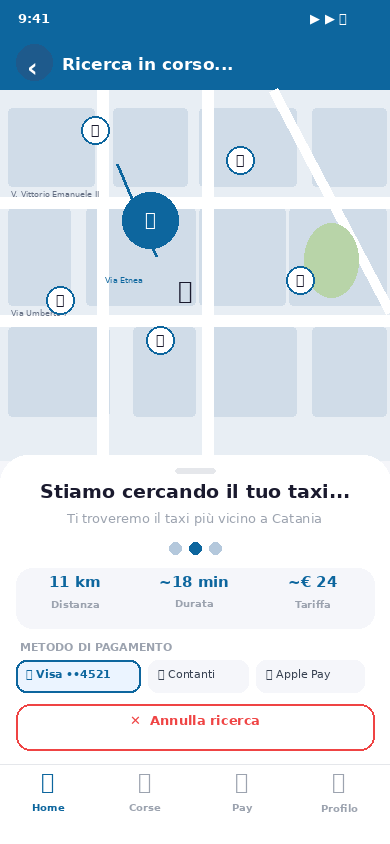 Schermata: Ricerca taxi in corso